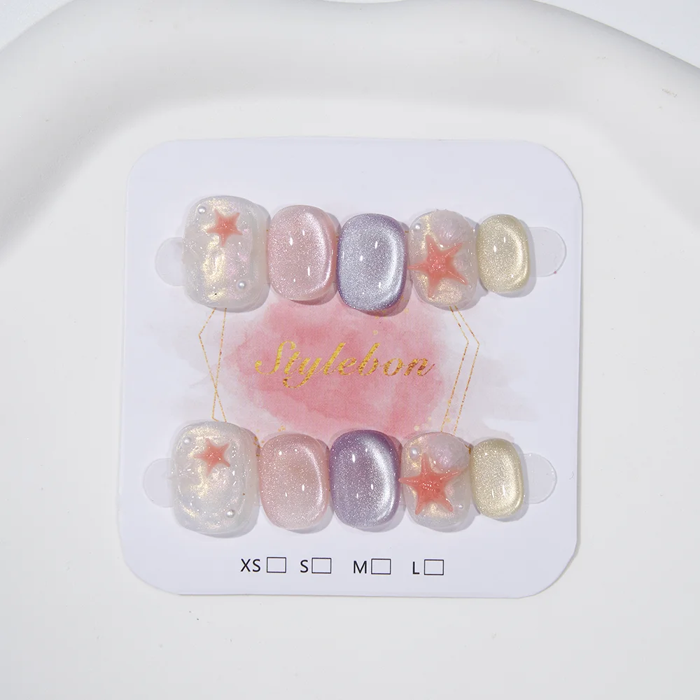 

10pcs Handmade Press on Nails Summer 3D Shell Starfish Colorful Cat's Eye Macaron False Nail for Women&Girl Wearable Nail Art