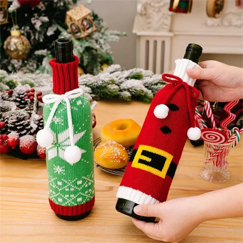 Christmas Wine Bottle Cover Table Dress Knitted Snowflake Elk Belt Pattern Wine Bag Kitchen Tableware Xmas Ornament Party Gift