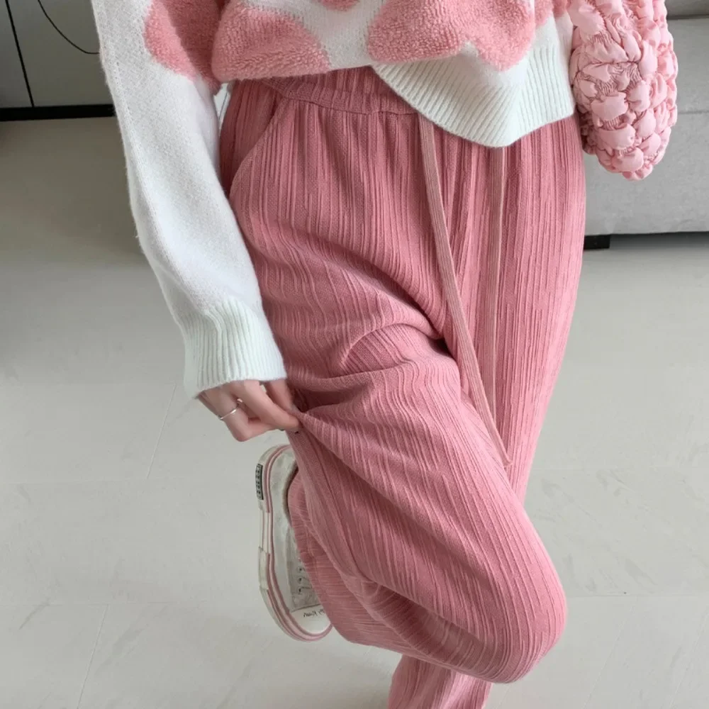 Damskie spodnie na lato 2025, nowe, ze sznurkiem, cienkie, z elastyczną gumką w pasie, miękkie, szerokie nogawki, długie, luźne, różowe, odzież damska.