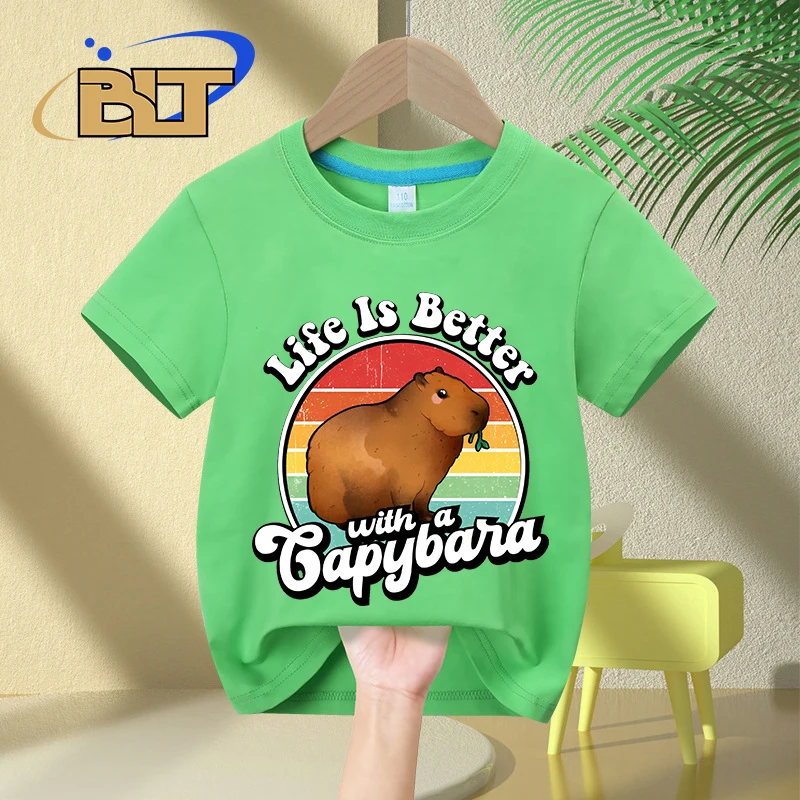 Camiseta con estampado de dibujos animados para niños, tops informales de manga corta de algodón para niños y niñas, Life is better with a capybara, Verano