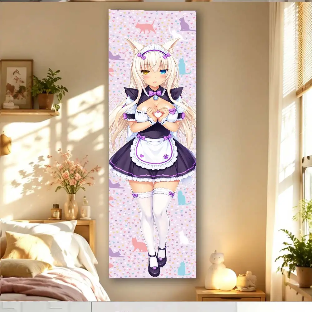 Vanilla Blonde Cat Girl Purple Frill Maid Dress Heart Hand Gesture Colorful Cat Silhouette Pink Background Vertical Tall Anime
