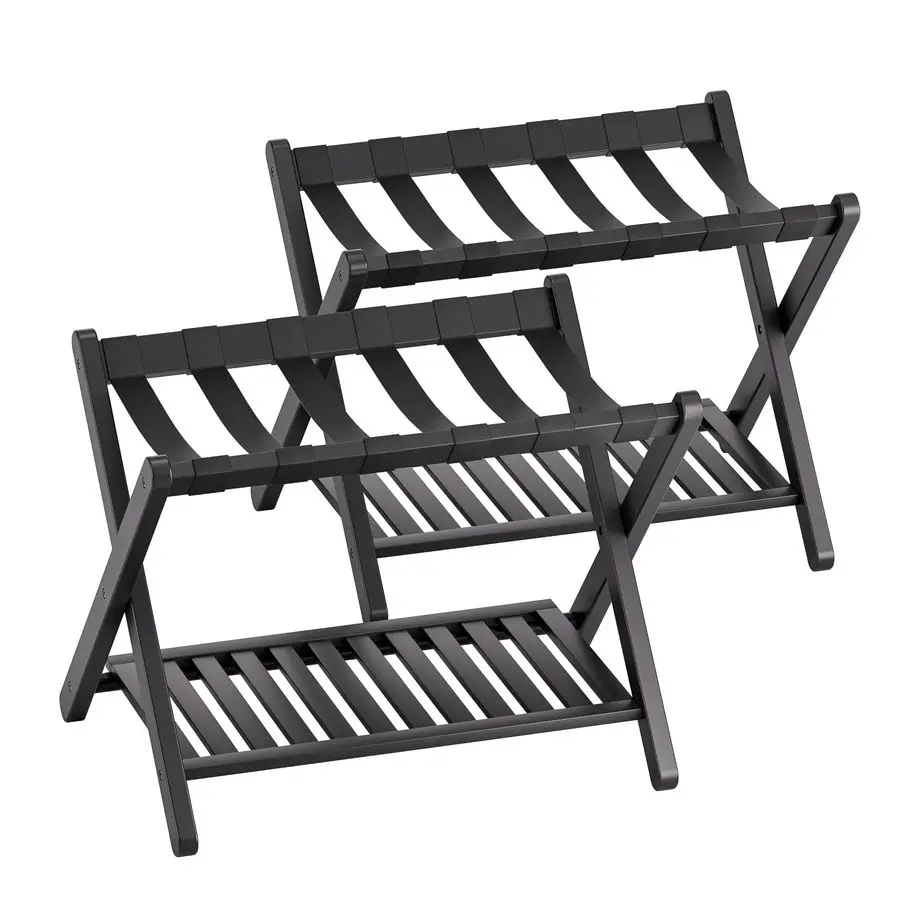 

Luggage Rack, Set of 2, Foldable Bamboo Suitcase Stand with Storage Shelf for Guest Room, Bedroom, Hotel, HeavyDuty Black