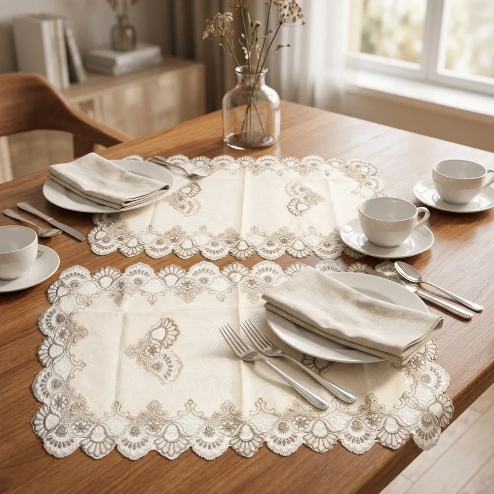 2 Pcs White Gray Rectangular Lace Hollow Floral Embroidered Table For Home Dining Banquet Decoration Fabric Tablecloth