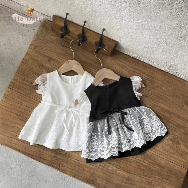 Newborn Baby Girl Cotton Lace Bow Dress Mesh Infant Toddler Child Casual Solid Color Short Fly Sleeve Vestido Baby Clothes 9M-2Y