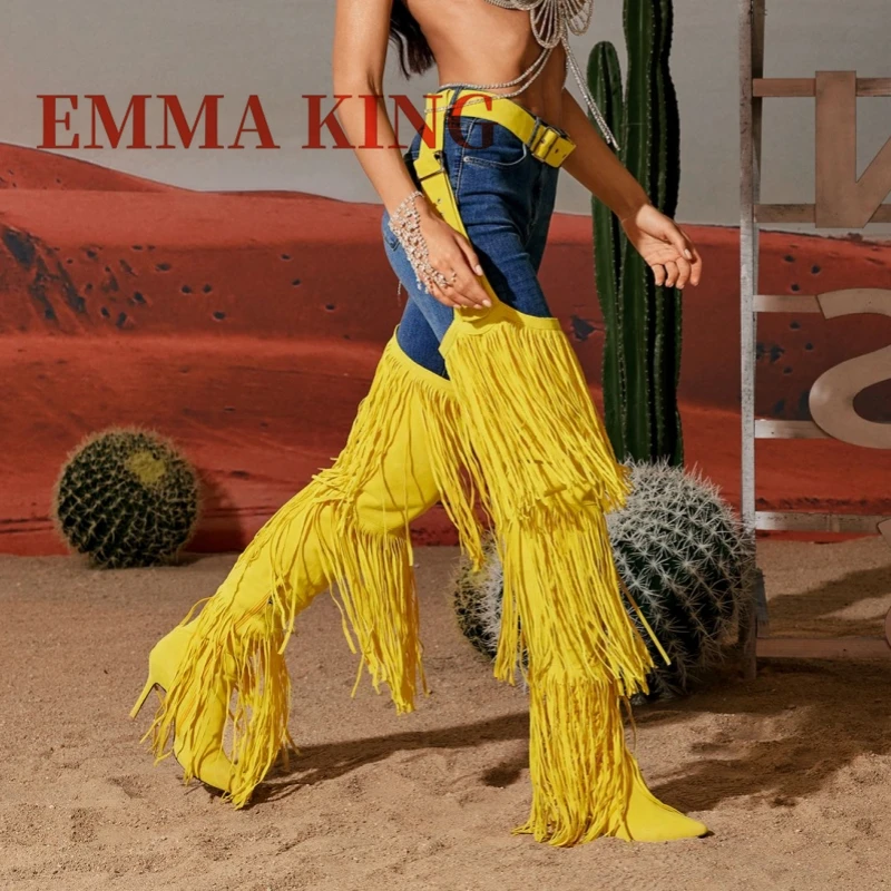 Fashion Fringe Belted Chaps Over The Knee Snakeskin Boots Women Pointed Toe Thigh High Long Tassel Boots High Heels Shoes Woman