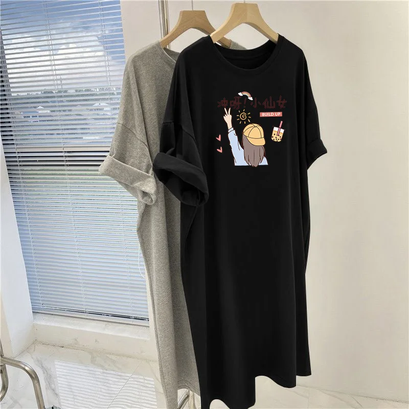 Sommer Vintage Kurzarm Tunika, Cartoon gedruckt O-Ausschnitt knielange Kleider, Frauen Kleidung lose lässige Pullover Kleid