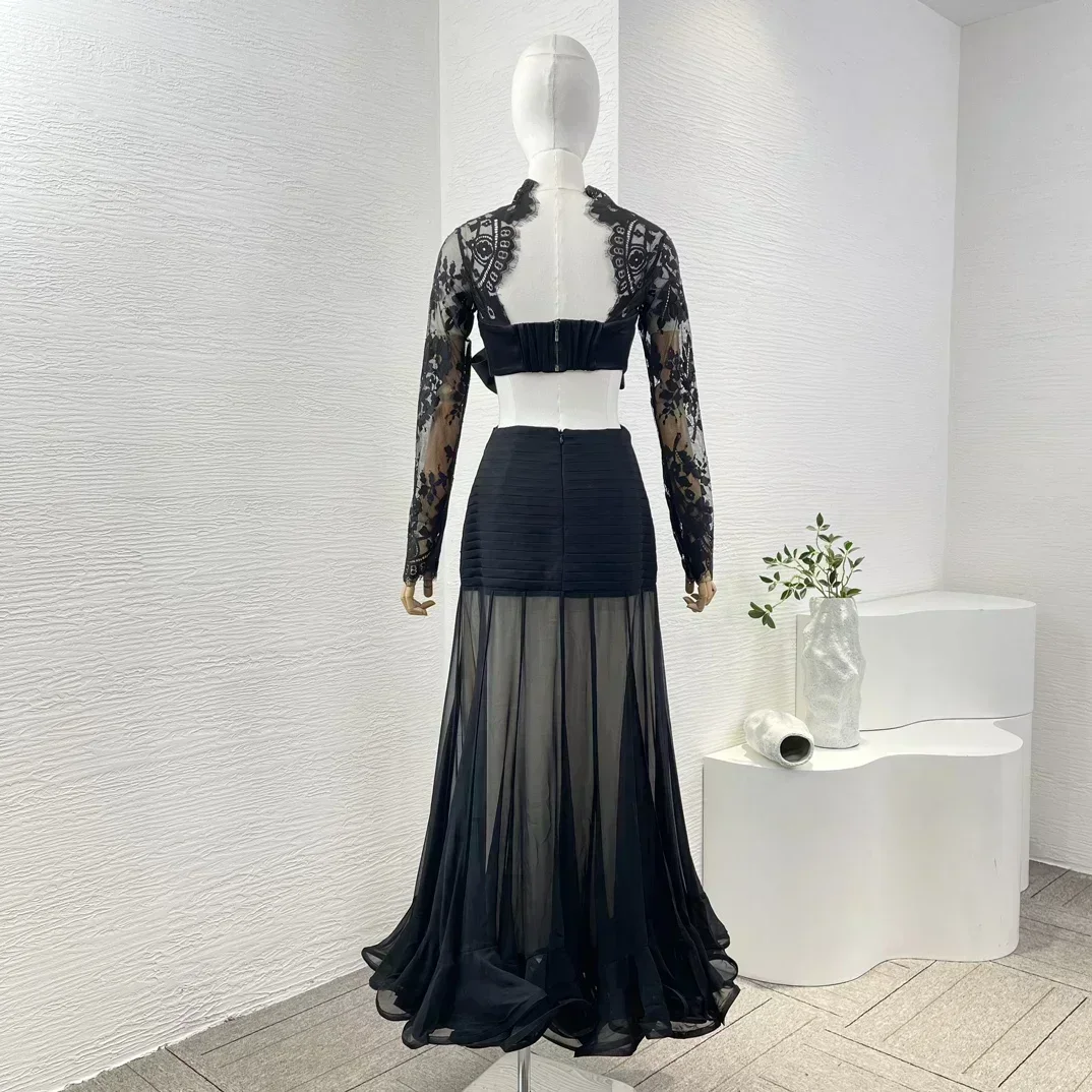 2024 New Hot Black Lace Long Bow Long Sleeve See Through Cut Out Waist Pleat Maxi Women’s Dress