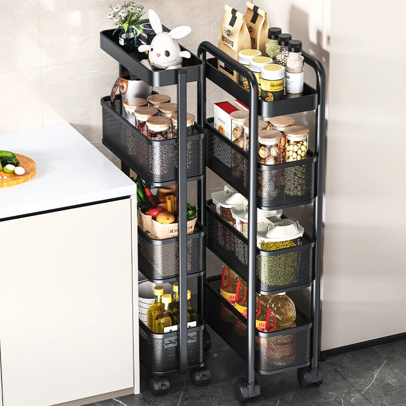 Stainless Steel Ultra Narrow Kitchen Shelf Floor Standing Refrigerator Trolley Bathroom Cabinet Mobile Storage Rack Furniture