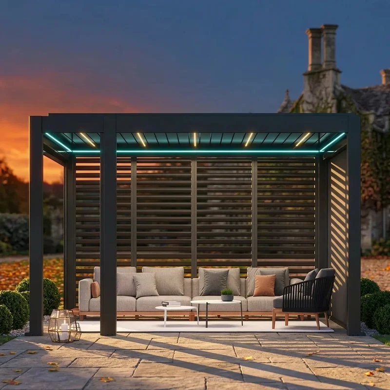 Custom Factory Direct Pergola App Controlled LED Lights Motorized Aluminum Gazebo Balcony% Waterproof Project