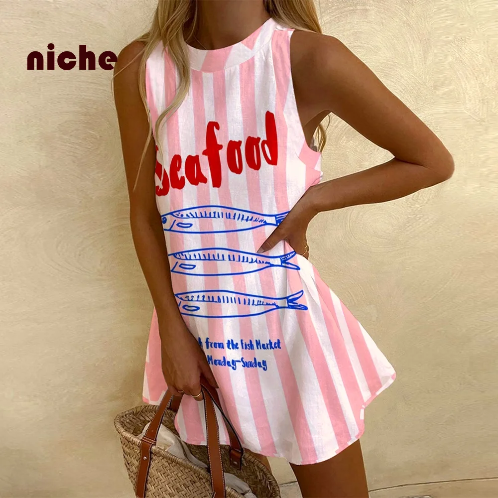 Pink Yellow Women\'s Sleeveless Dress Sardines Fish Print Fashion Trend New Beach Vacation Party Dresses Girls Clothes