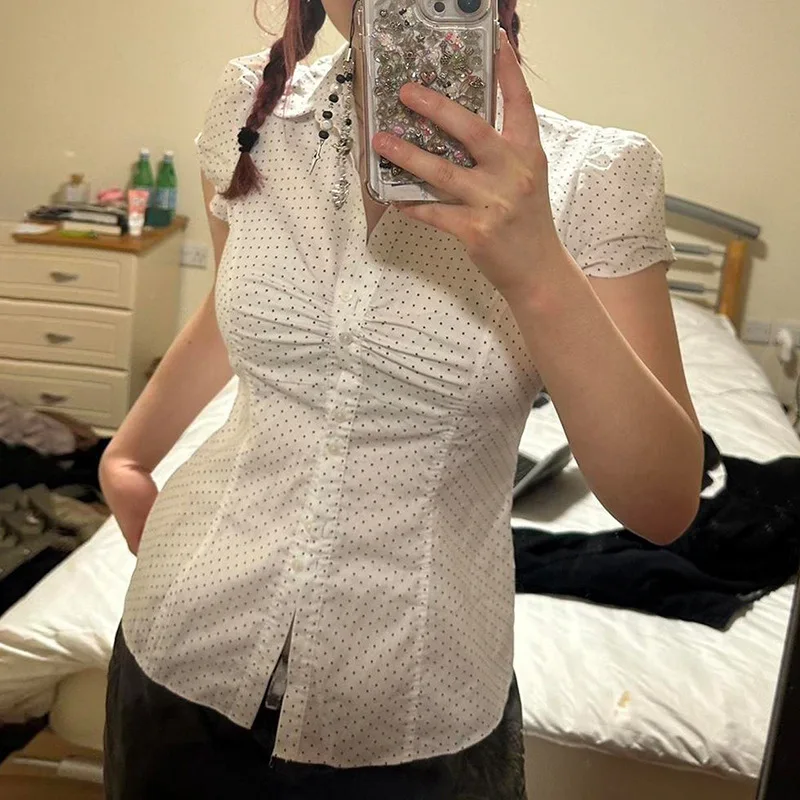 

Pure Temperament, Wave Points, Contrasting Colors, Pleated Waist Design, Slimming Effect, Lapel, Breasted Short Sleeved Shirt,