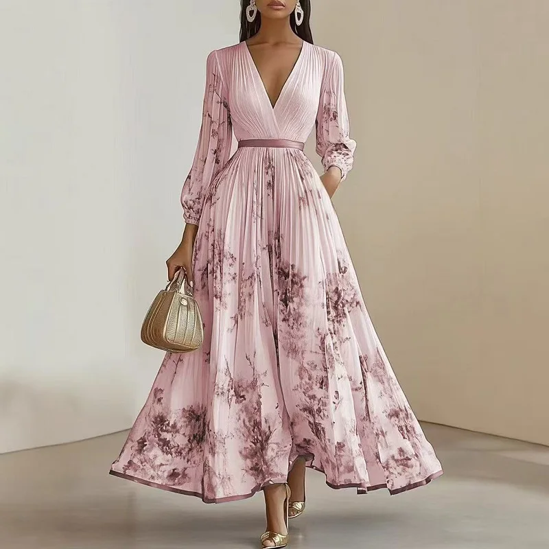 Sexy V Neck High Waist Pleated Dress Robes Woman Spring Floral Print Loose A-Line Party Dress Casual Long Sleeve Boho Maxi Dress