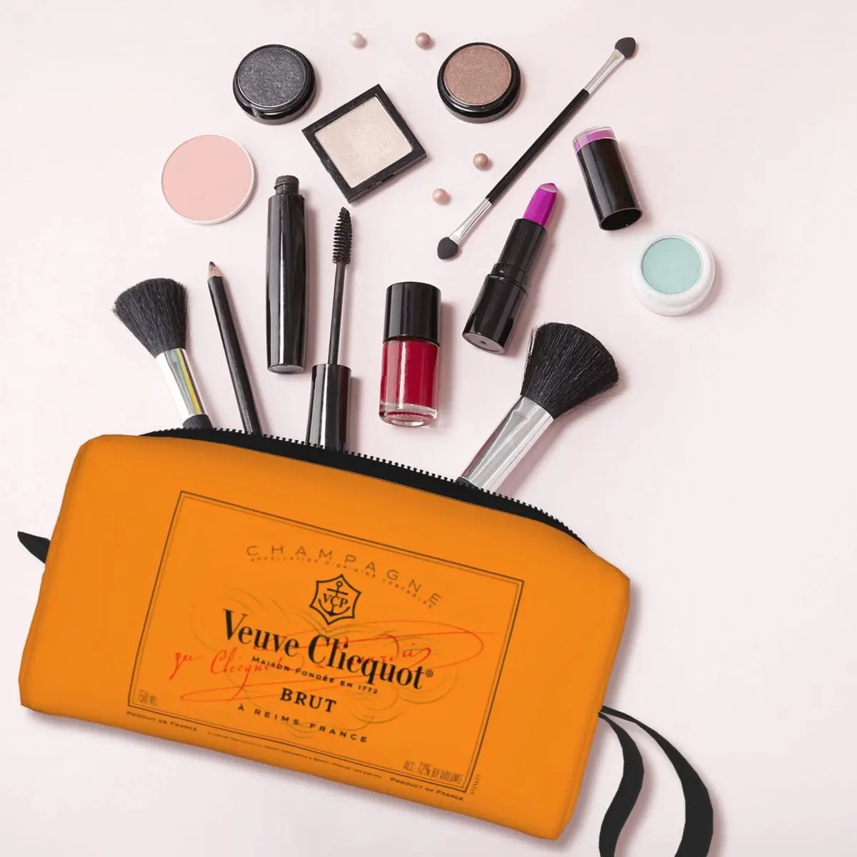 Champagne Orange Large Makeup Bag Zipper Pouch Travel Cosmetic Bags Veuves Clicquots Portable Toiletry Bag for Women