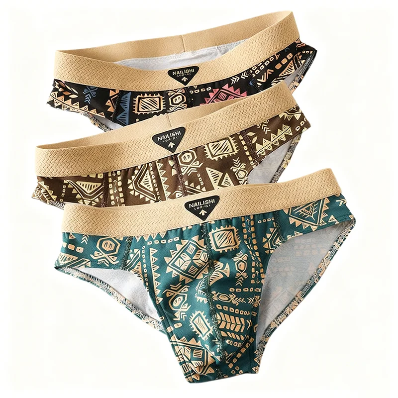 

3Pcs Men's Cotton Briefs Retro Ethnic Style Print Underwear Soft Breathable Mid-Rise Briefs Comfortable Stretch Daily Panties
