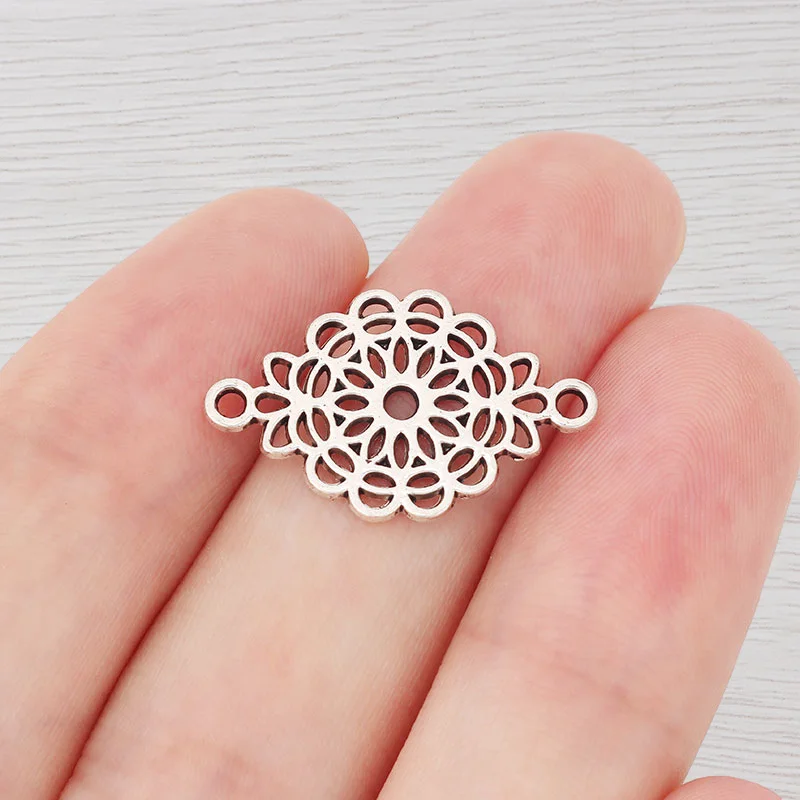 30 x Tibetan Silver Hollow Open Flower Connector Charms Pendants for DIY Bracelet Jewelry Making Findings Accessories 25x15mm