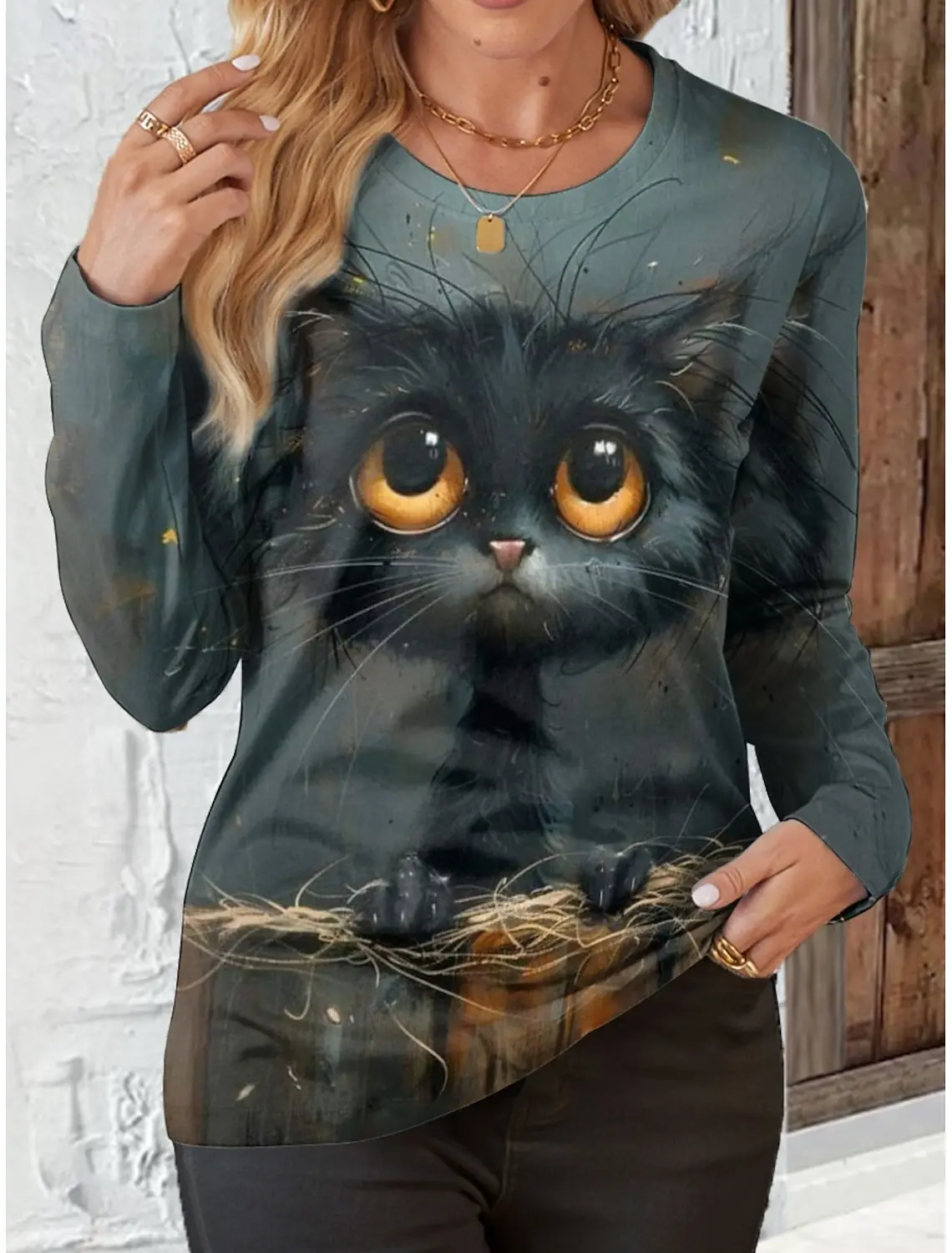 Fashion 3D Print Funny Cat Graphic O-Neck Long Sleeve T-Shirt Womens Clothing Casual Clothes Harajuku Female Clothing Pullover