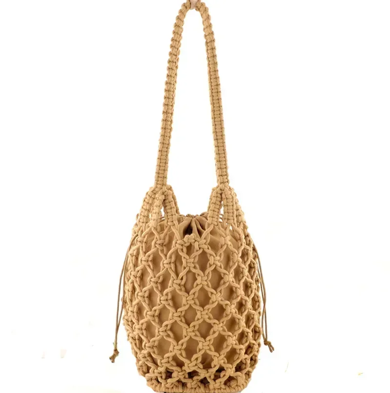 TOUB035 Summer Hollow Woven Shoulder Bag Solid Color Lightweight Casual Wild Bucket Purse Handbag