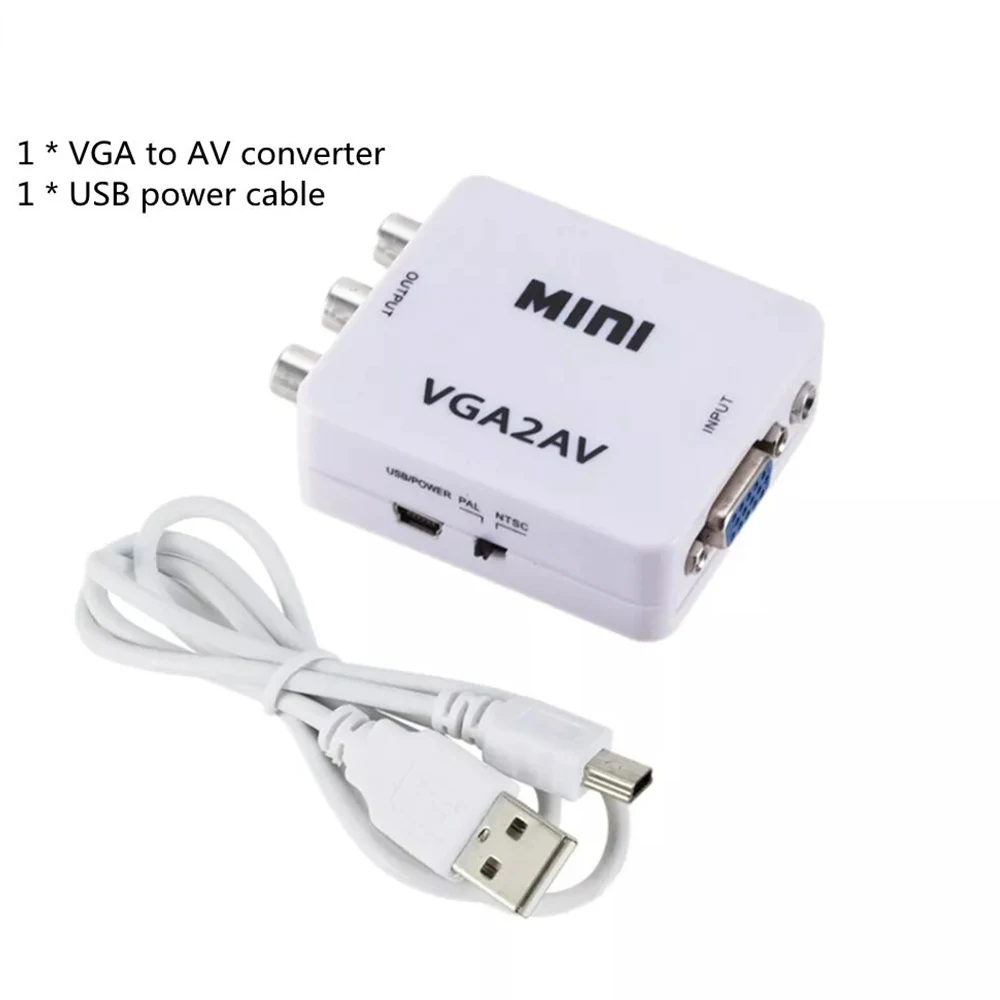 1080P VGA2AV Video Convertor Mini HD VGA to AV Converter with 3.5mm Audio Cable VGA to RCA Video Converter Plug and play