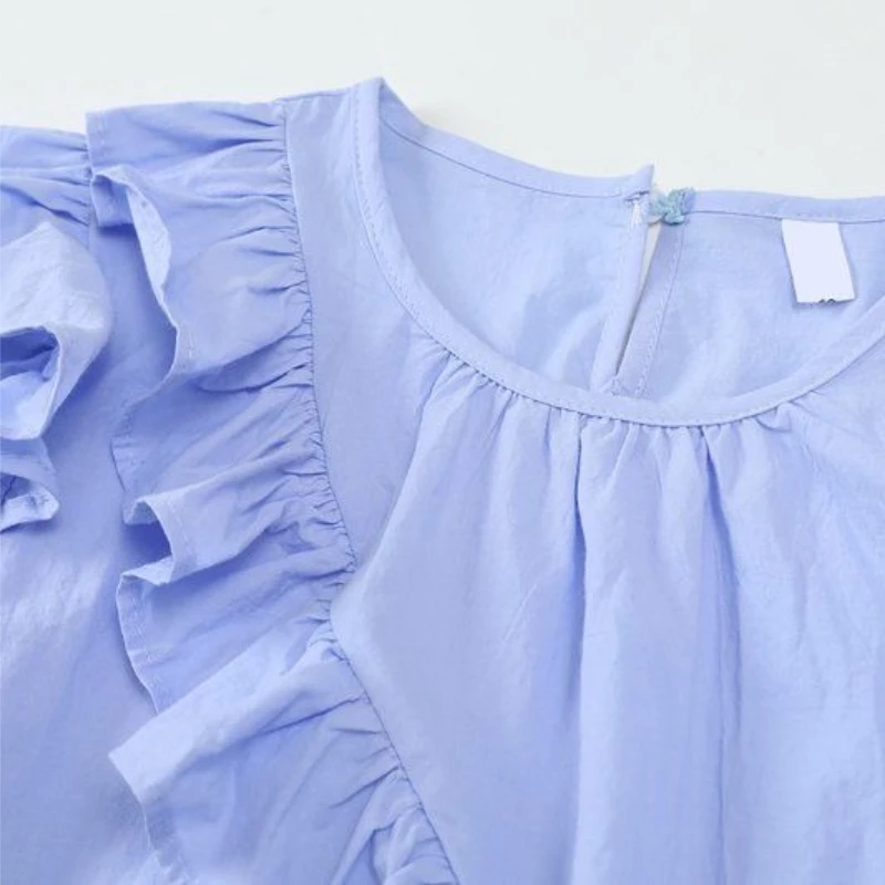 Cute Girls Korean Style Ruffle Blouse Peter Pan Collar Loose Fit Top with Puff Sleeves Ethereal Kids Fashion Casual Shirt​ - view 5