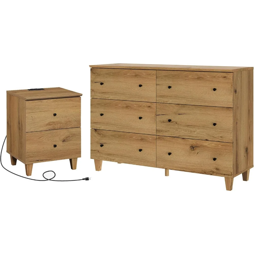 

"two-piece bedroom furniture set: 47.2" wooden dresser with six drawers and nightstand with storage and charging station"