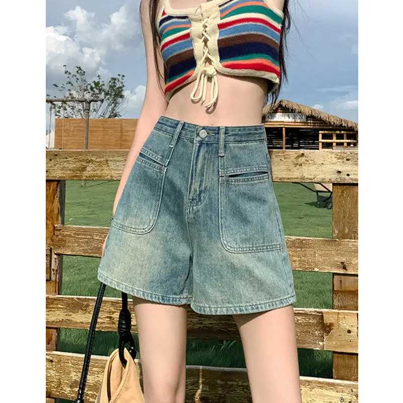 Spring Summer High Waist Denim Shorts Women Loose Casual Design Sensation Retro Wide Leg A-Line Hot Pants