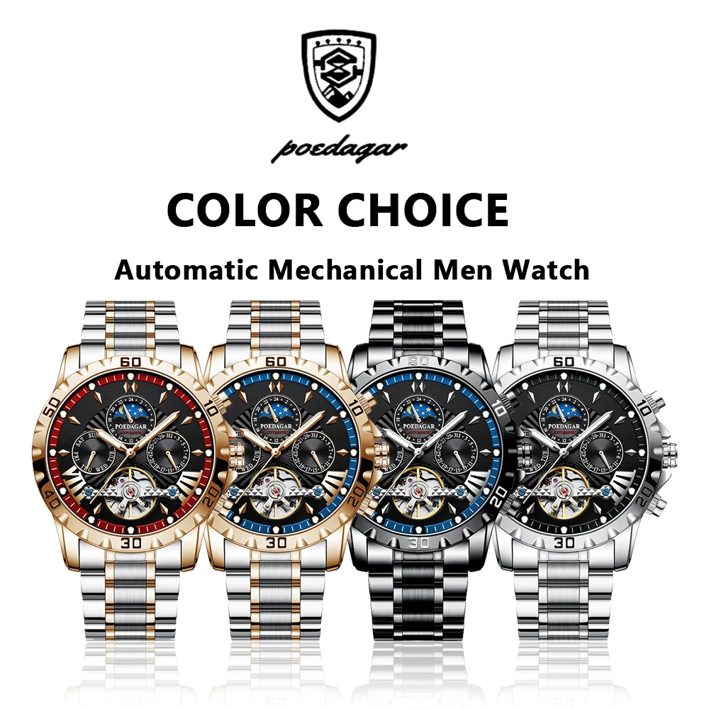 POEDAGAR ساعات رجالية متعددة الوظائف موضة أصلية ساعة ميكانيكية أوتوماتيكية للرجل الياقوت مرآة جوفاء دولاب الموازنة التاريخ