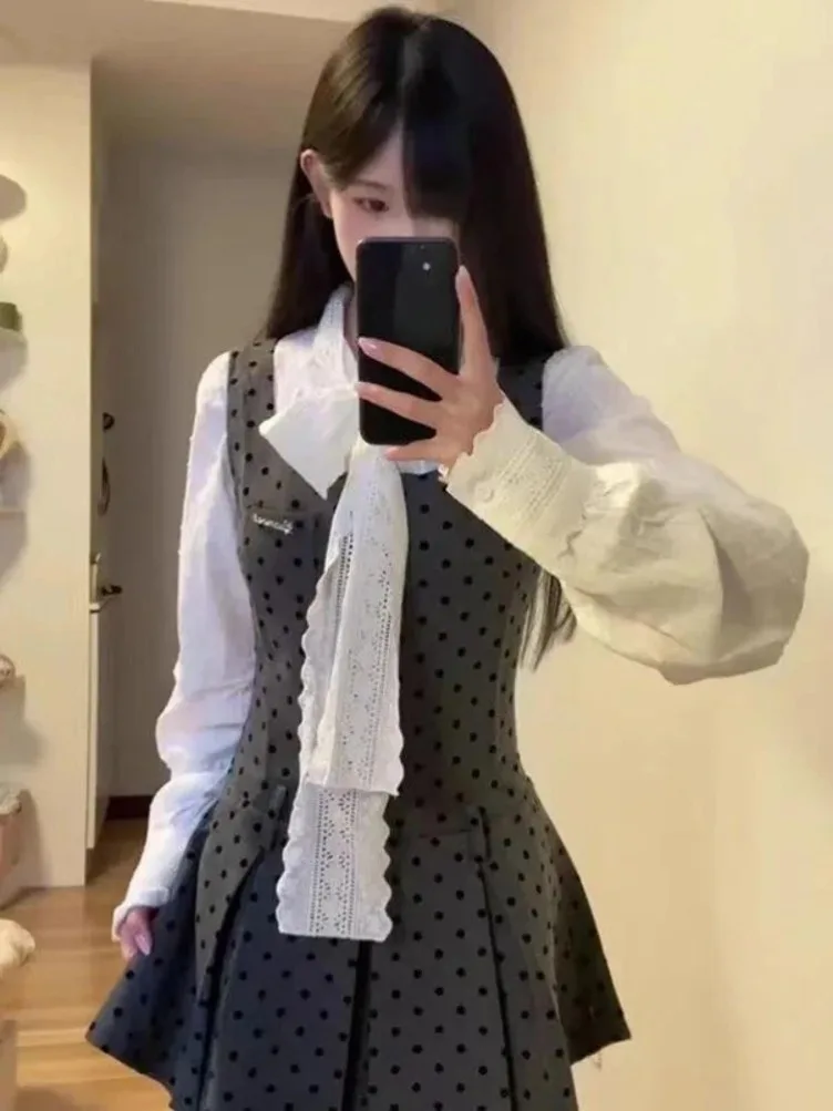 新しい甘いウェーブポイントシャーリングベストドレス女性のための + 弓レースアップ長袖 2025 秋シャツ女性ツーピースセット