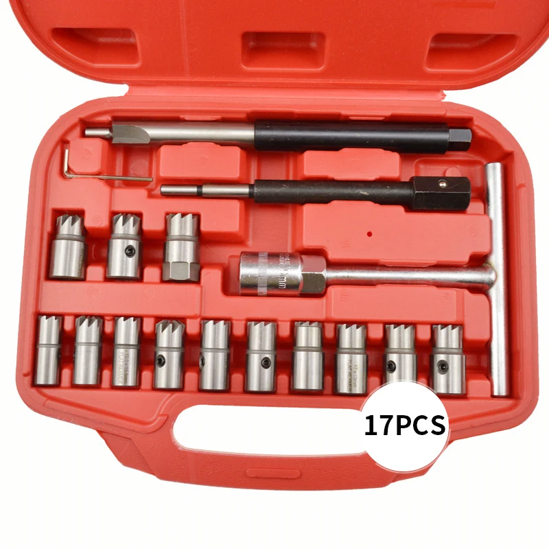 Injector Remover 17Pcs Diesel Injector Seat & Cleaner Carbon Remover Seat Tools Cutter Milling Cutter Set Universal Car Tool Kit