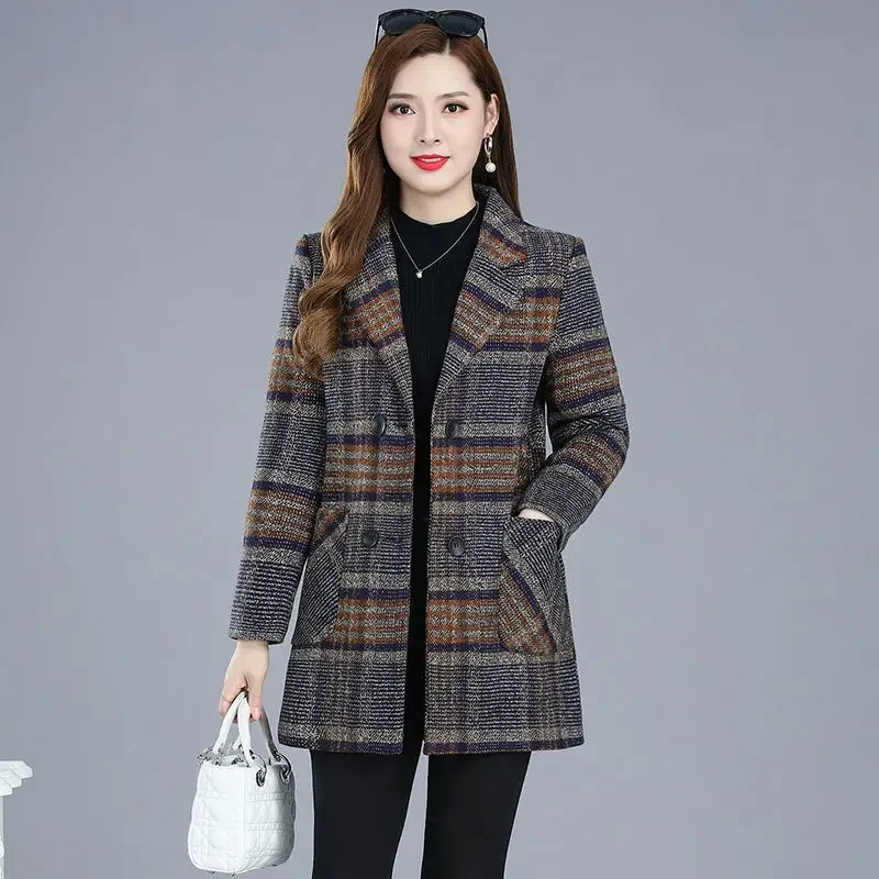 

Mother's clothing Plaid Woolen Jacket Autumn Winter Female Thicken Slim Middle length Outwear Korea Women's Casual Wool Coat C75