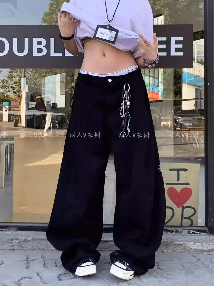 WCFCX STUDIO Calça jeans preta para mulheres, cintura alta, americana, perna larga, y2k, vintage, reta, baggy, calças jeans, calças grandes
