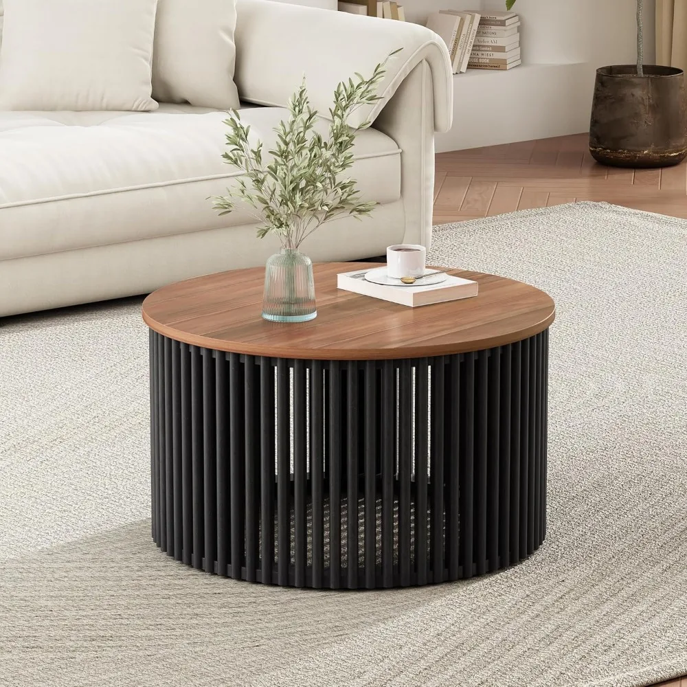 Round Acacia Wood Coffee Table with Wooden Base - Modern Industrial Style Accent Table for Indoor and Outdoor Living Spaces, Per
