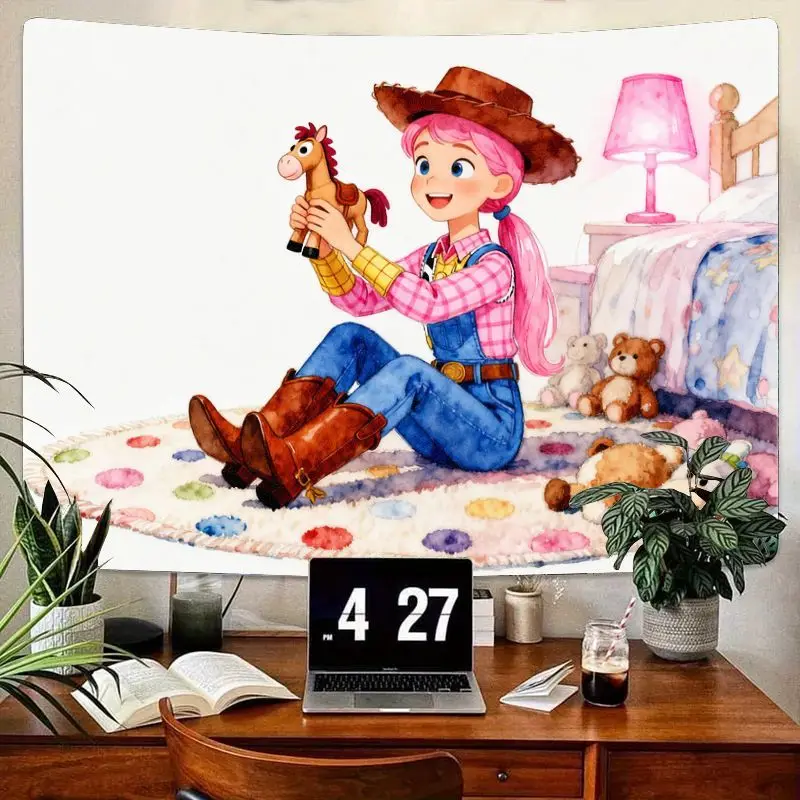 

1 шт. милый розовый гобелен «Пастушка играет в лошадь», настенное искусство Kawaii Western Girl, полиэстеровый декор для спальни в общежитии для детей и девочек, подарок