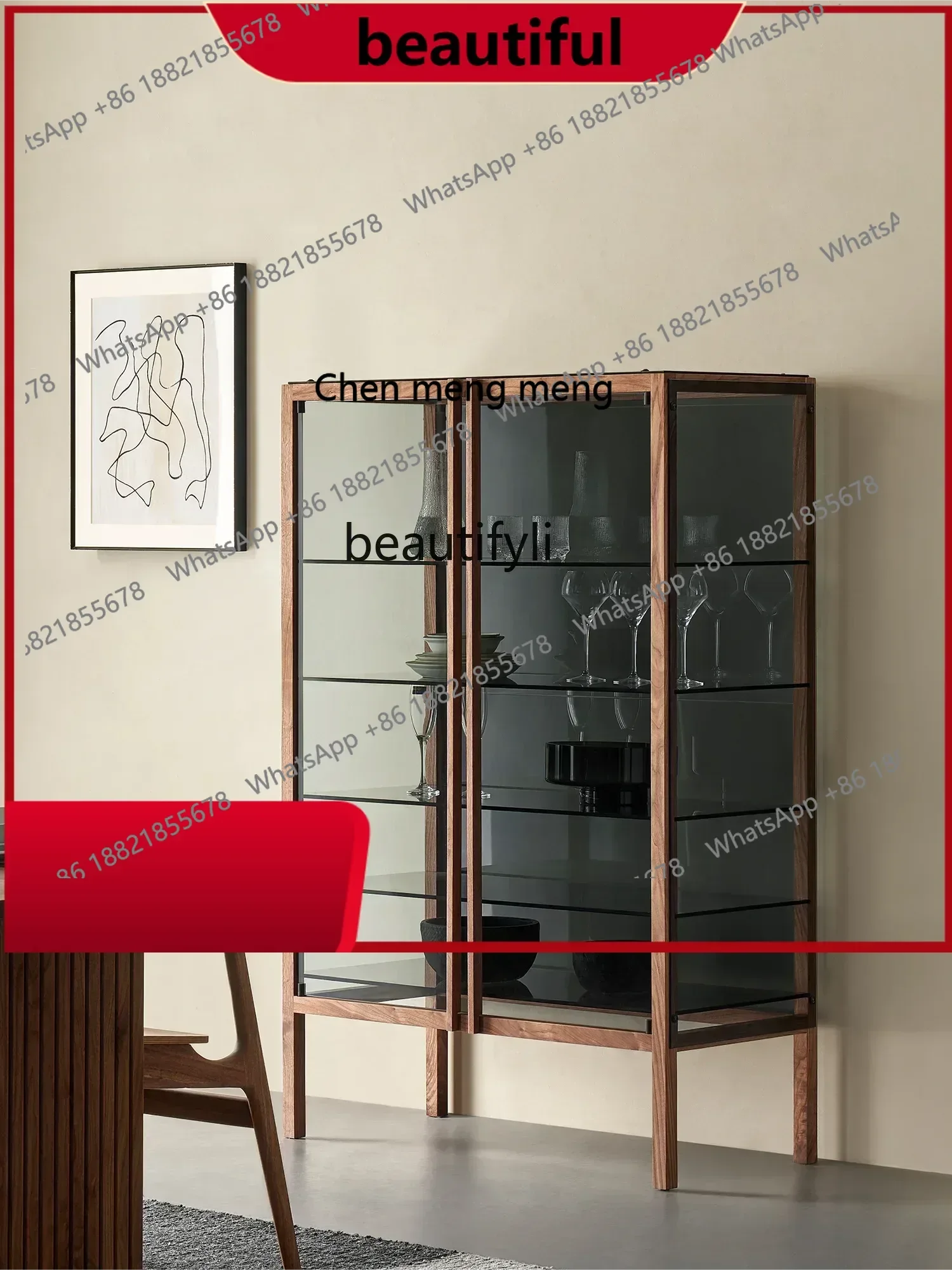 

Curio Cabinet Tempered Glass North America Black Walnut Solid Wood Designer Five Layers Side CabinetHY H