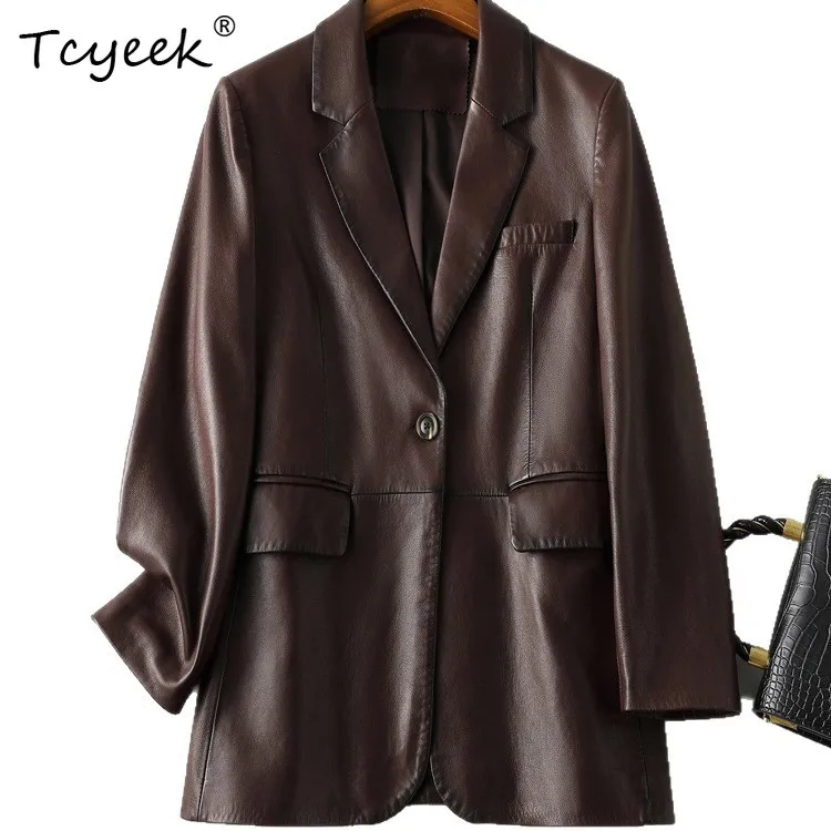 

Tcyeek 100% Real Leather Jacket Woman Autumn Clothes Vegetable Tanning Sheepskin Coat Women Fashion Loose Fit Casaco Feminino