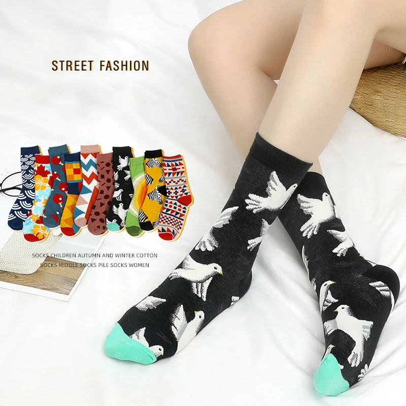 5 Pairs Graffiti Socks Colorful Cotton Casual Cute Food Animal Socks Happy Funny Omelette Frog Burger Salmon Avocado Bird Socks