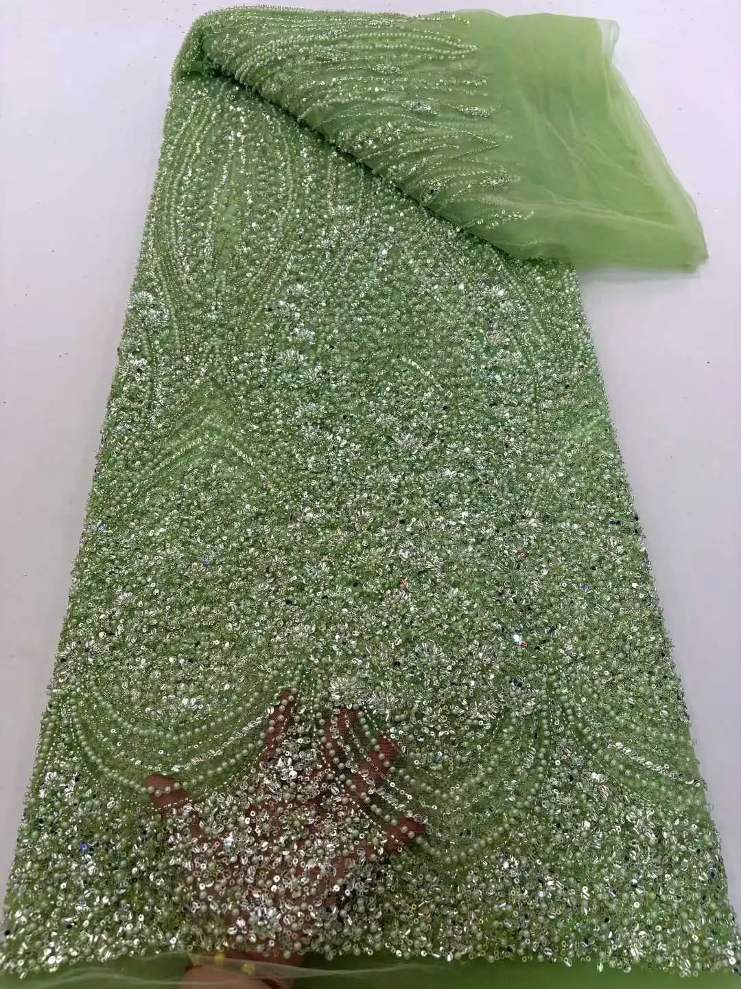 

Nigerian African France Latest Hot Sale Tulle Lace Fabric With Beads Sequins 2025 High End for Bride Wedding Party Sew Dresses