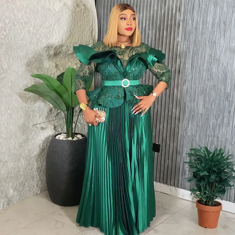 

African Dresses For Women Dashiki Sequin Pleated Long Dress Wedding Party Prom Evening Gown Autumn Africa Clothing Turkey Outfit