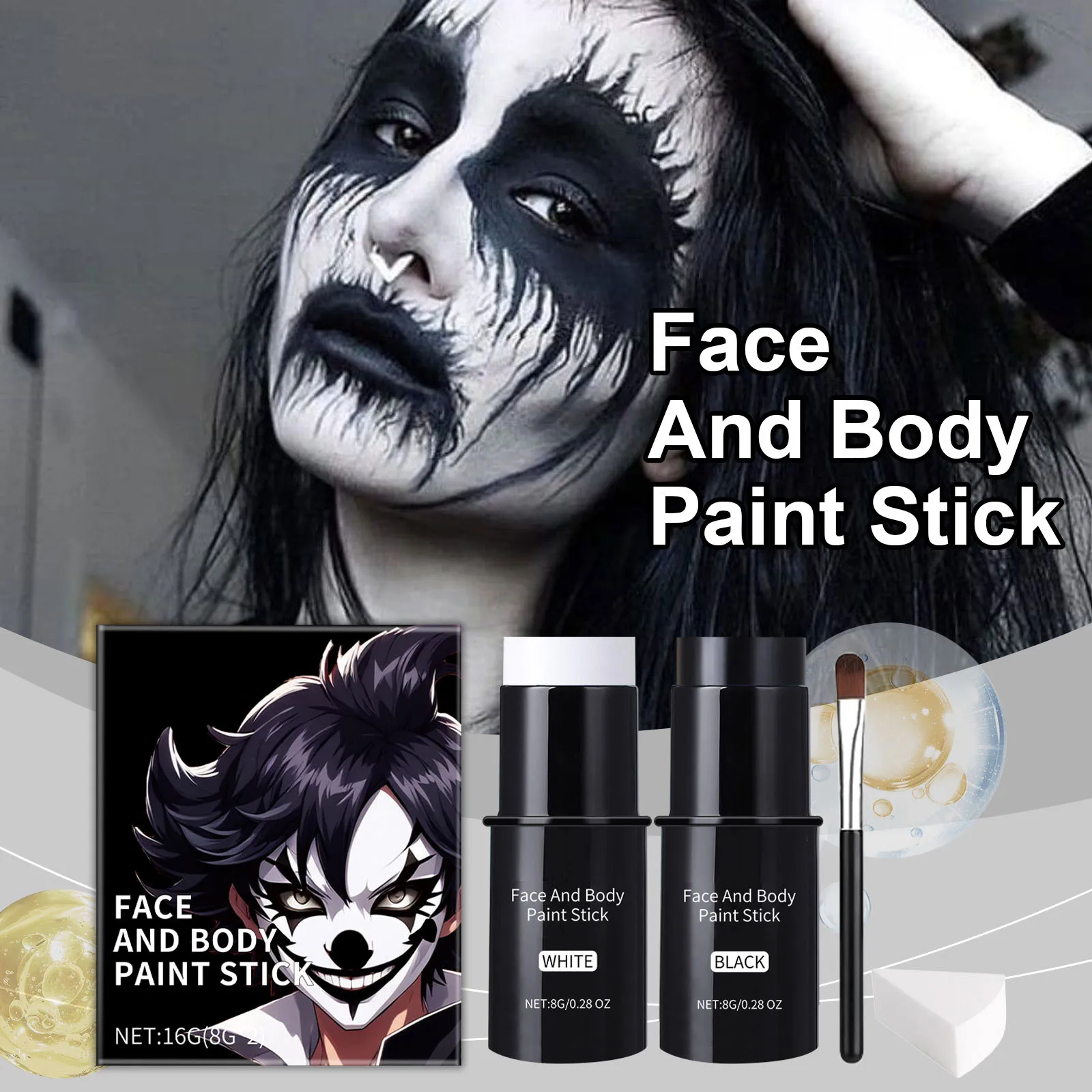 4 Set Black White Halloween Face Body Paint,2 Colors Clown And Brush,Face Body Paint For Halloween Cosplay,Special Effect Makeup