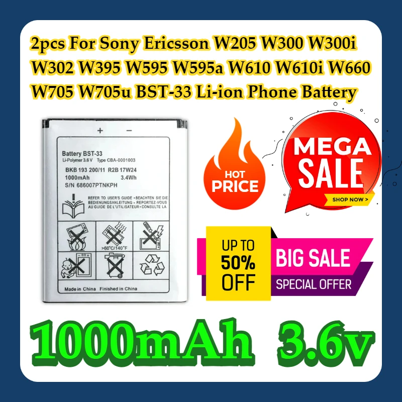 

2 шт. для Sony Ericsson W205 W300 W300i W302 W395 W595 W595a W610 W610i W660 W705 W705u 1000 мАч BST-33 литий-ионный аккумулятор телефона