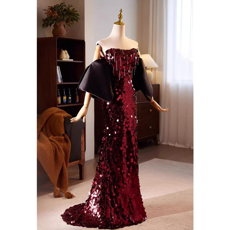 Evening Dress Burgundy Sequins Strapless Removable Sleeves Lace up Mermaid Floor Length Plus size Women Party Formal Gown B2896