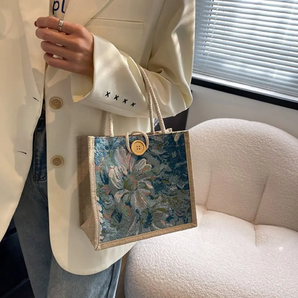 Printed Ethnic Style Canvas Bag Large Capacity Portable Linen Handbag Tote Bag Mommy Bag Printing Cloth Lunch Bag Female/Girls