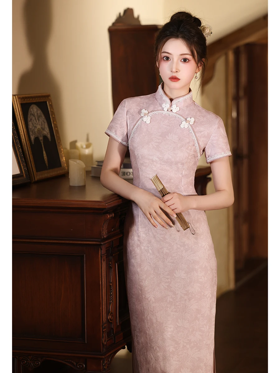 

Розовое ципао для молодых девушек, традиционное китайское свадебное платье, длинное или средней длины, однотонное, обновленная версия