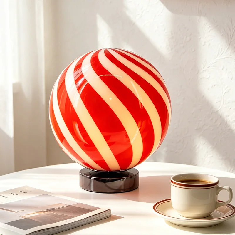 Dopamine Round Candy Led Lights Fixture Stripe Glass Ball Bedroom Beside Lamps Living Room Decor Modern Creative Indoor Lighting