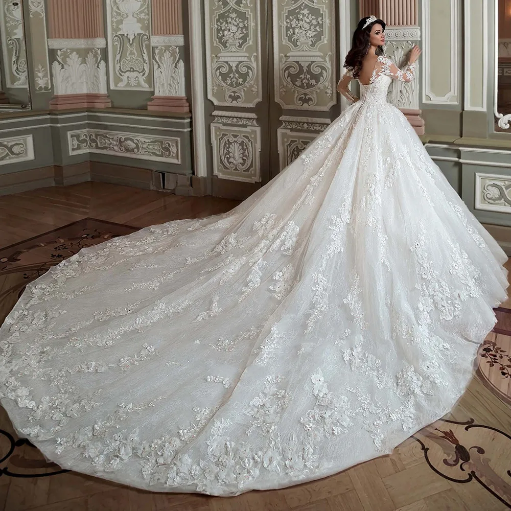 Robe De mariée à manches longues, avec traîne dans la chapelle, en paillettes et perles