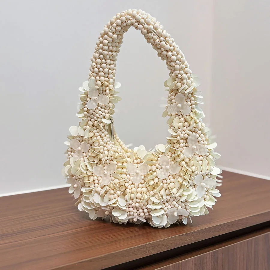 Luxury Beading Evening Bag NEW Flower Sequin Shoulder Bags for Women Half Moon Purses and Handbags Handmade Woven Wedding Clutch