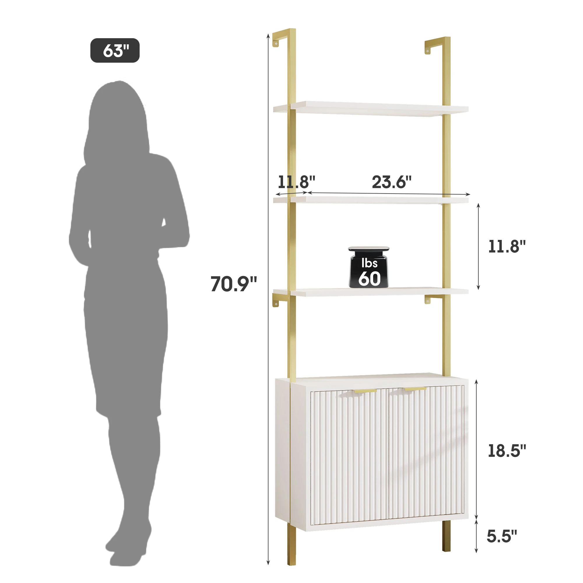 Ladder Bookshelf with Storage Cabinet 71'' Tall Wall Mount Bookcase with Metal Frame 5-Tier Display Rack for Living Room