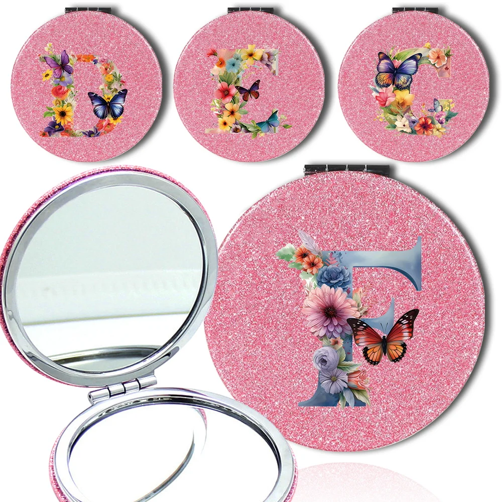 

Portable Shiny Double-Sided PU Makeup Mirror Travel Folding Cosmetic Mirror Magnify Pocket Beauty Tool Butterfly Letter Pattern