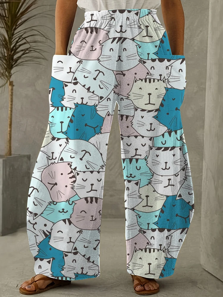 

New Early Autumn Women's Pants Retro Cat Print Women's Clothing Daily Casual Women's Lantern Pants Plus Size Wide Leg Pants