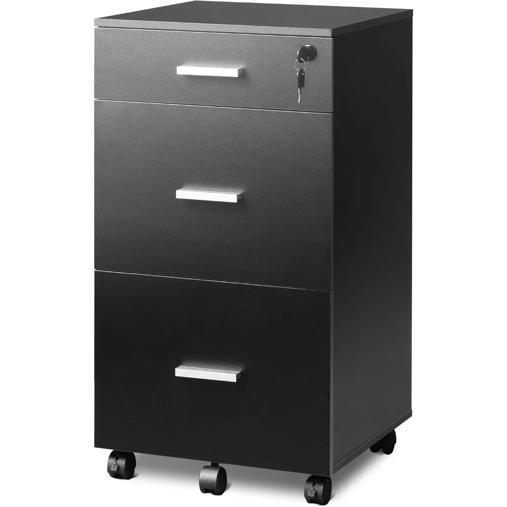 

3 Drawer Rolling File Cabinet with Lock, Wood Filing Cabinet fits Letter / A4 Size for Home Office, Black