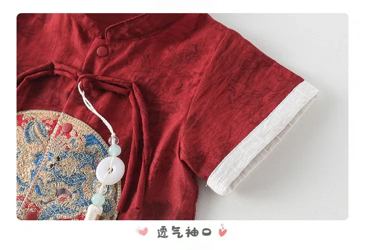 Terno chinês estilo tang para bebê, hanfu, cheongsam infantil, roupa tradicional, ano novo, vermelho, verão